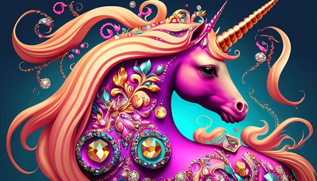 Photo mythical splendor unicorn with flowing mane and intricately adorned horn a majestic fusion