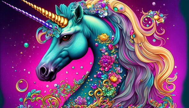 Mythical splendor unicorn with flowing mane and intricately adorned horn a majestic fusion