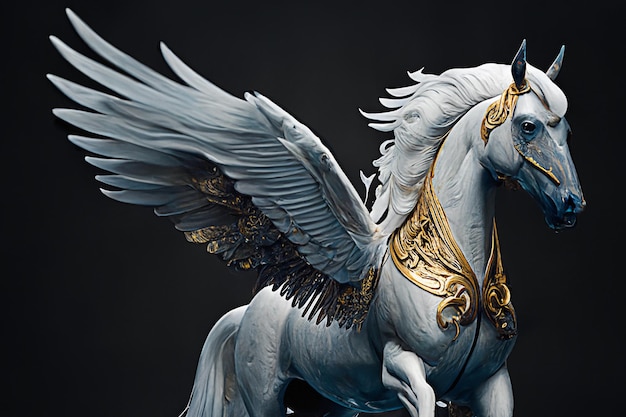 Mythical winged white horse Pegasus on a dark background. Generative AI