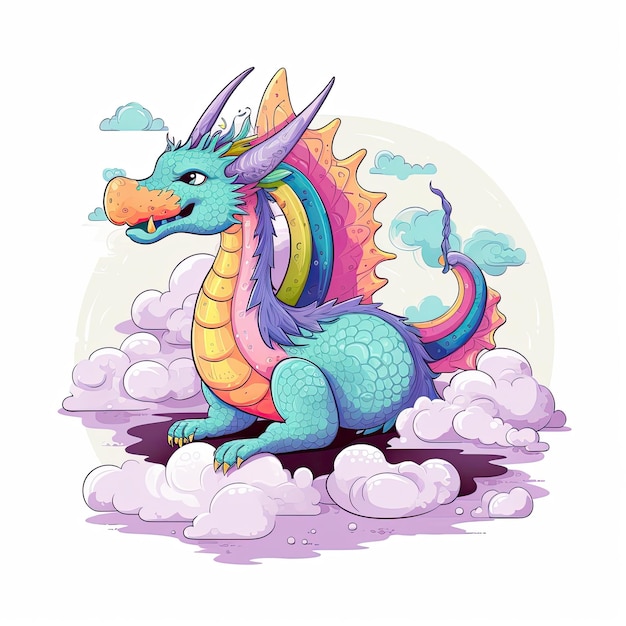 Mythische draken op wolkencollectie Kleurrijke babydraak cartoon met wolken Kleurrijke draken zittend op wolken decorontwerp voor kinderen kleurplaten AI gegenereerd