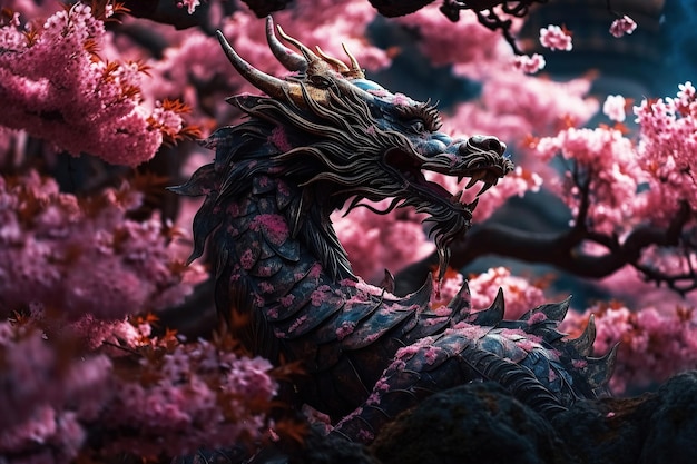 Photo mythological chinese dragon in blooming sakura closeup generative ai illustration