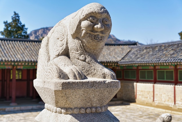 Mythological lion Haechi statue at the Gyeongbokgung Palace in Seoul, South Korea