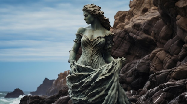 Foto mythologische sirene standbeeld zingt betoverend op rotsachtige kust golven crash