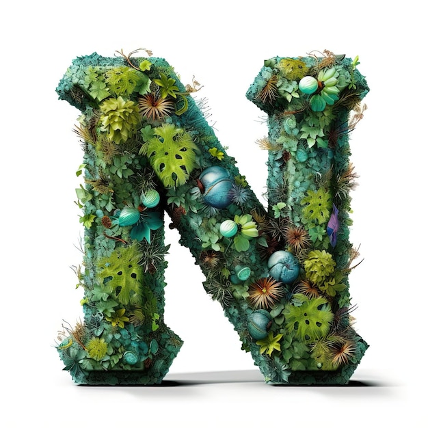 N alphabet made of vegetation and plants in the style of cross processing