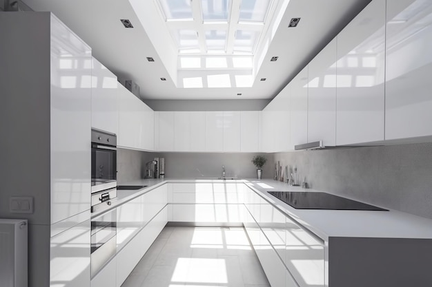 Фото Перспектива дизайна интерьера, демонстрирующая современную кухню с гладкой белой мебелью и современной