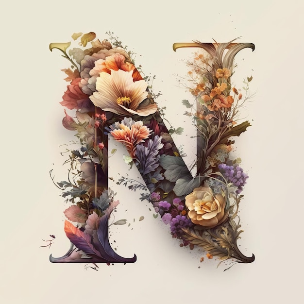 N letter flower watercolor style Generative AI