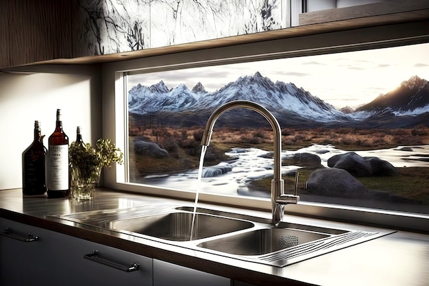N stijlvolle keuken met afbeelding landschap stroomt water uit hoge moderne kraan