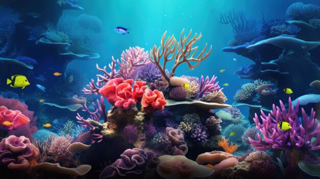 n underwater scene featuring a variety of vibrant coral and exotic fish AI generated illustration