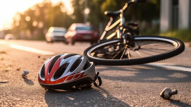 Na een auto-ongeluk wordt een fietshelm in close-up gezien op het trottoir naast een fiets in een stadsstraat