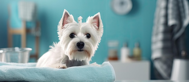 Na een bad een West Highland White Terrier in een bassin gewikkeld in een handdoek. De afbeelding stelt de verzorging van huisdieren voor met ruimte voor tekst