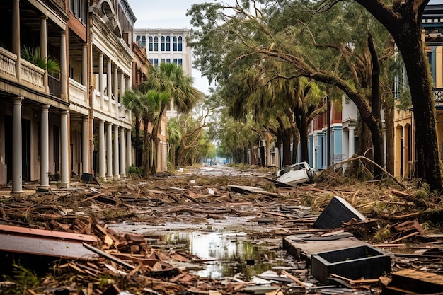 Na een orkaan zijn de straten en buurten bezaaid met puin en omgevallen bomen.
