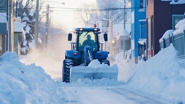 Na een sneeuwstorm werken gemeentelijke diensten aan het verwijderen van de sneeuw Met behulp van een schop maakt een arbeider de straat sneeuwvrij GENERATE AI