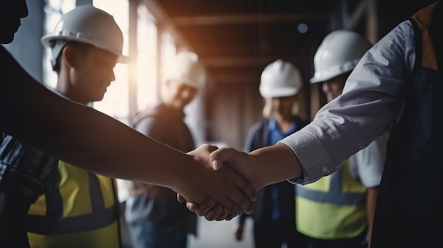 Na het sluiten van een overeenkomst in een kantoorgebouw schudden architecten en ingenieurs elkaar de hand in de geest van teamwerk en samenwerking Generatieve AI