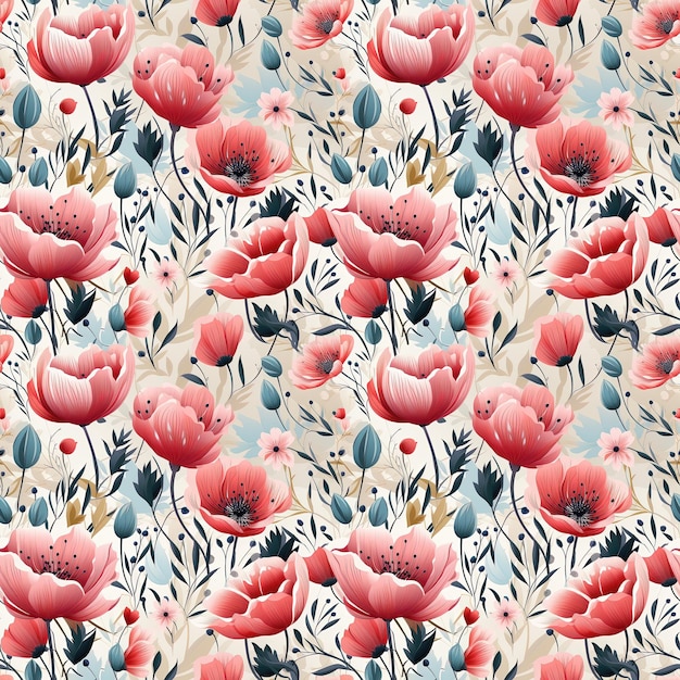 Naadloos bloemenpatroon met roze papaver met blauwe bladeren op een lichte achtergrond Vector illustratio