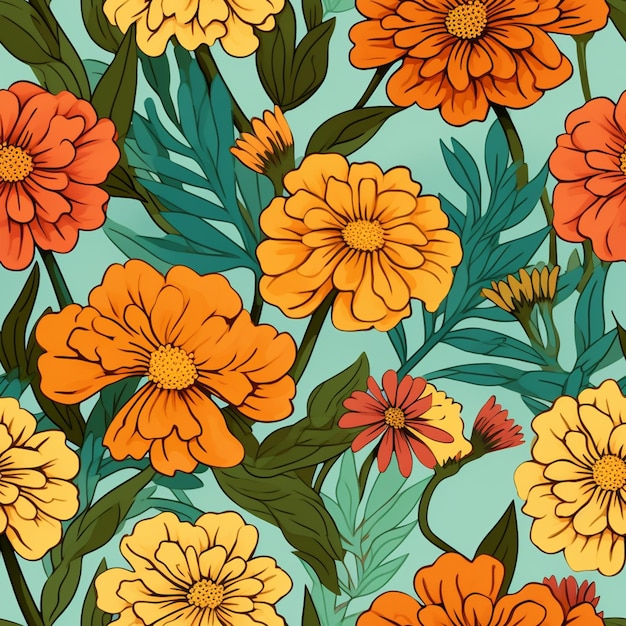 naadloos bloemmotief met oranje en gele bloemen op een blauwe achtergrond generatieve ai