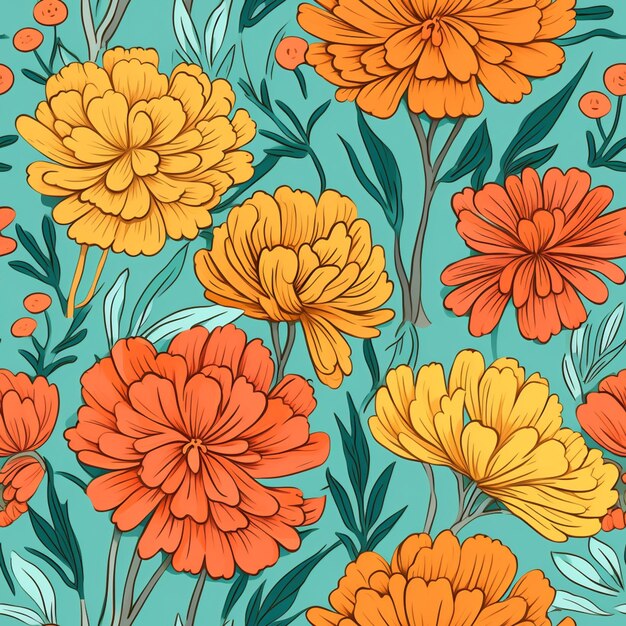 naadloos bloemmotief met oranje en gele bloemen op een blauwe achtergrond generatieve ai