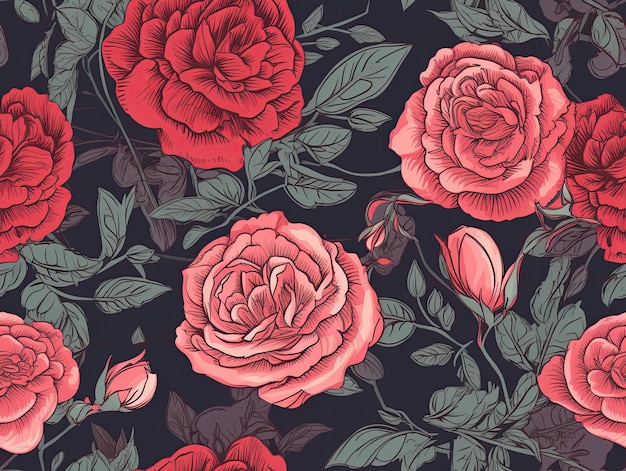 Naadloos botanisch patroon met handgetekende roze bloemen Generatieve AI