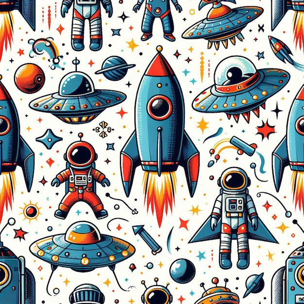 Naadloos eindeloze raketten ufo's buitenaardsen patroon decor vector kunst illustratie avatar icoon behang pic