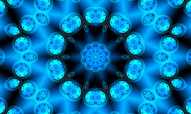 Naadloos herhalend patroon met geometrische bloemenvormen in verschillende tinten lichtblauw op blauwe en zwarte achtergrond.