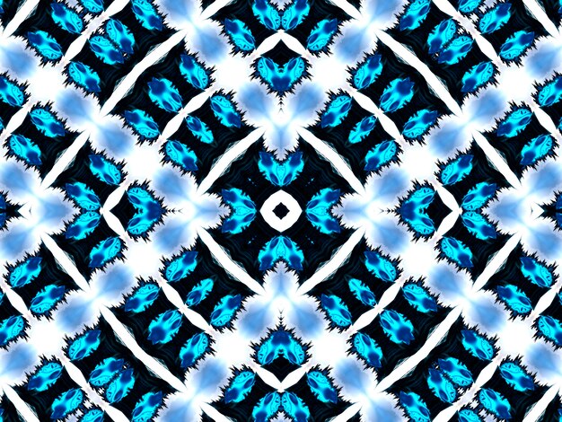 Naadloos herhalend patroon met geometrische bloemenvormen in verschillende tinten lichtblauw op witte achtergrond.