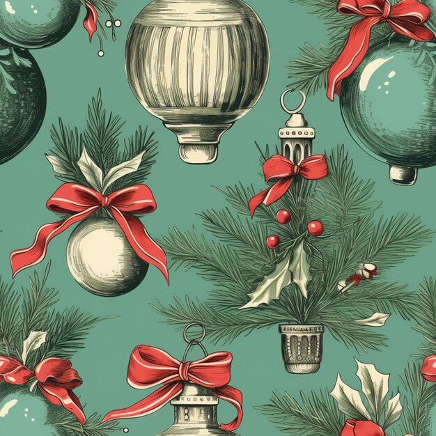 Naadloos kerstpatroon met ornamenten en strikken op een groene achtergrond generatieve ai