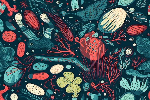 Naadloos patroon dat de microscopische wereld van bacteriën en virussen weergeeft met hun unieke vormen en structuren Generatieve Ai