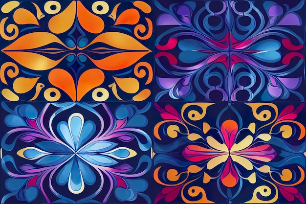Naadloos patroon met abstracte bloemen in blauwe en oranje kleuren Generatieve AI