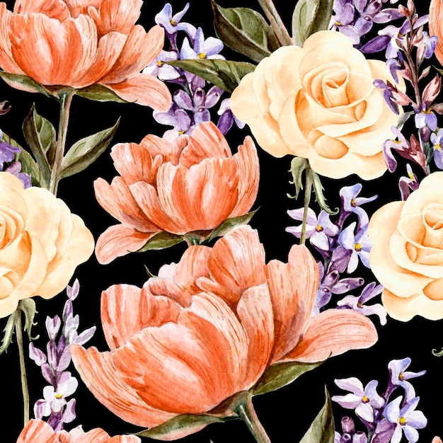 Naadloos patroon met aquarel bloemen Pioenrozen roze lavendel