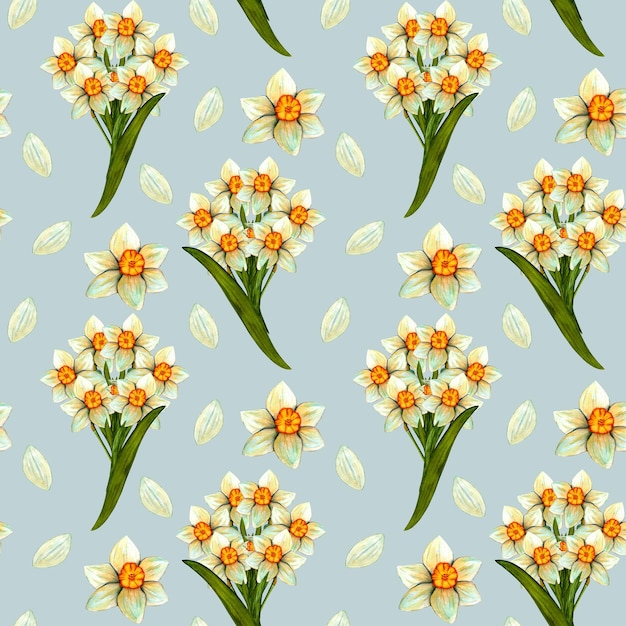 Naadloos patroon met aquarel narcissen Bloemen met stengel en blad Lente botanische print