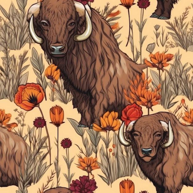 Naadloos patroon met buffels in een bloemenveld.