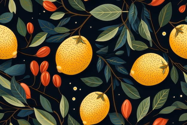 naadloos patroon met citroenen en bessen op een zwarte achtergrond