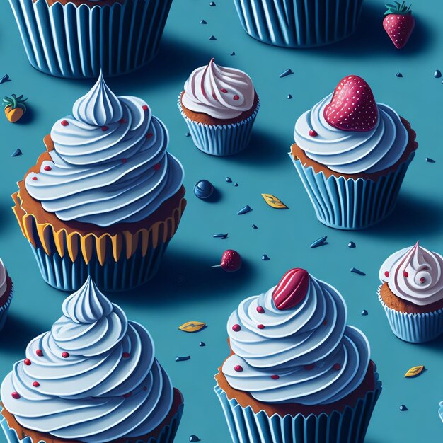 Naadloos patroon met cupcakes en bessen op een blauwe achtergrond