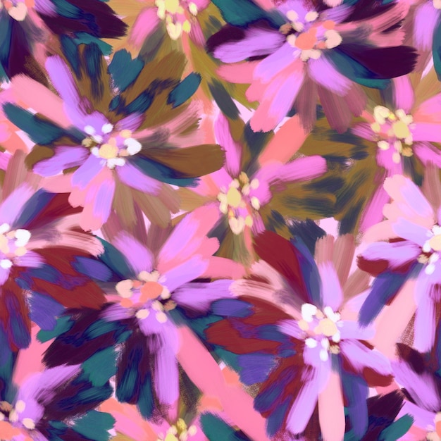 Naadloos patroon met geschilderde abstracte bloemen in impressionistische stijl met olietextuur in heldere kleurrijke paarse tinten textuur voor bedrukte stof textielbehang