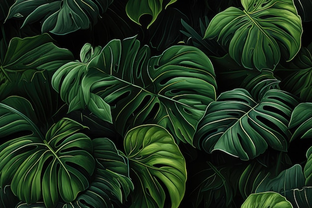 Naadloos patroon met groene tropische monstera bladeren op donkere achtergrond Generatieve AI inhoud