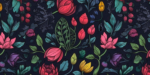 Naadloos patroon met handgetekende illustraties van bloemen en bladeren Generatieve AI