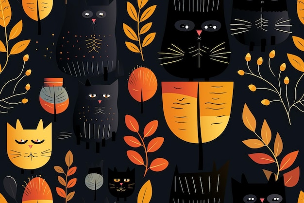 naadloos patroon met katten en bladeren op een zwarte achtergrond