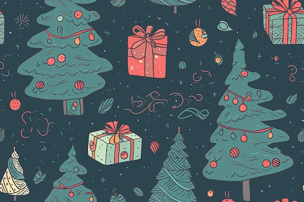 Naadloos patroon met kerstbomen en geschenken illustratiestijl