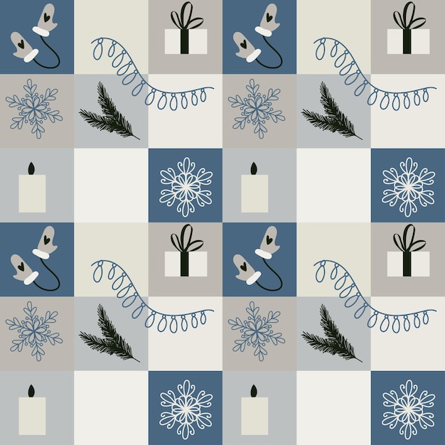 Naadloos patroon met kerstelementen feestelijk Nieuwjaarsdecor met sparren Kerstbal speelgoed sneeuwvlokken handschoenen cadeau doos kerstboom holly planten voor textiel scrapbooking