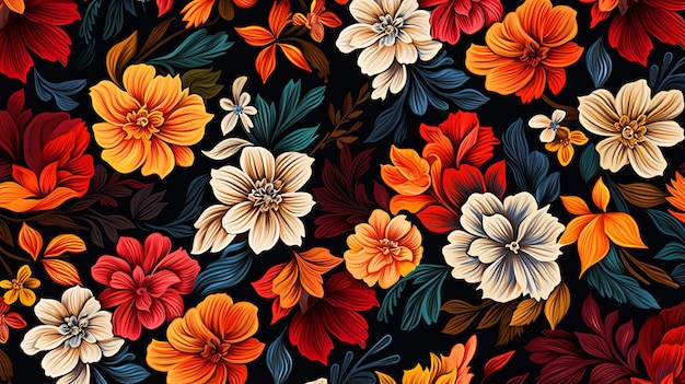 Naadloos patroon met kleurrijke bloemen op zwarte achtergrond
