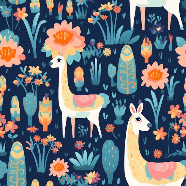 naadloos patroon met lama's en cactussen op een donkerblauwe achtergrond generatieve ai