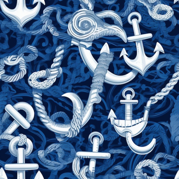 Naadloos patroon met nautische motieven van ankers, touwen en zeilboten in coole blues