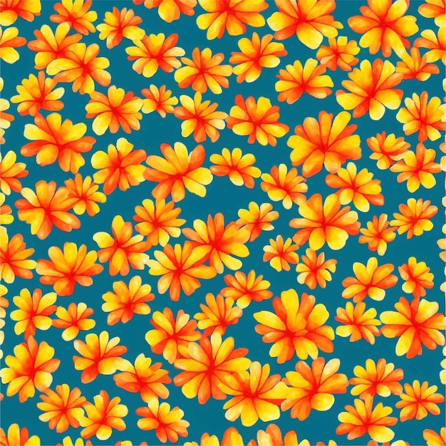 Naadloos patroon met oranje en gele bloemen op een blauwe achtergrond