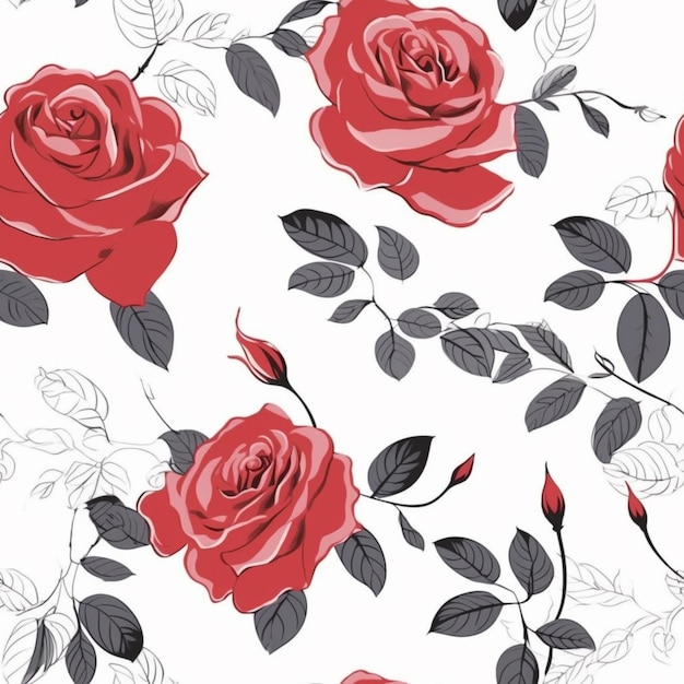 naadloos patroon met rode rozen en bladeren op witte achtergrond generatieve ai