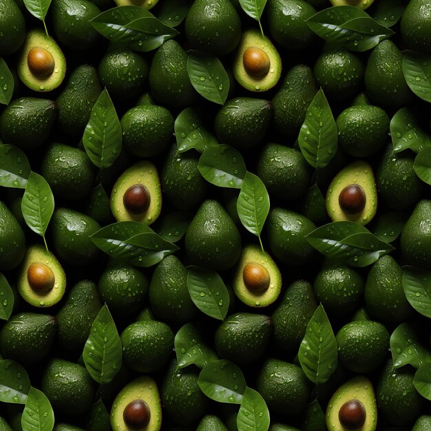 Foto naadloos patroon met sappige avocado's en waterdruppels