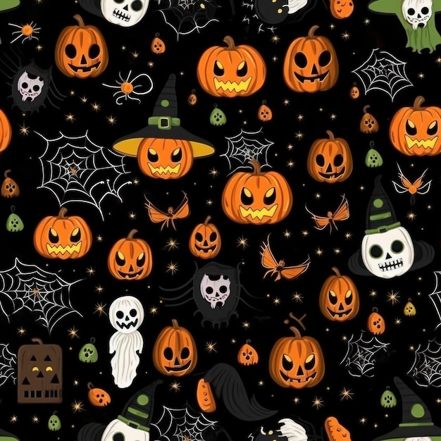 Naadloos patroon met traditionele Halloween symbolen pompoenen geesten spinnenweb op zwart