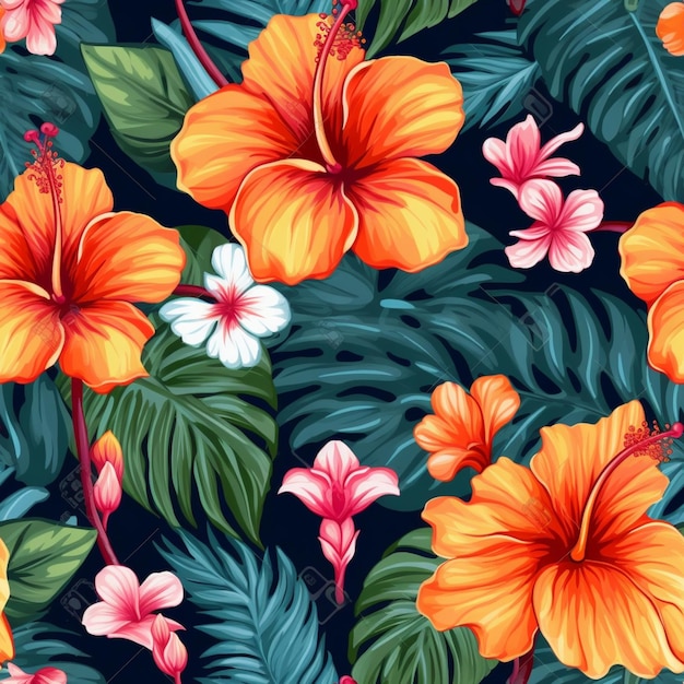 Naadloos patroon met tropische bloemen op een donkere achtergrond.