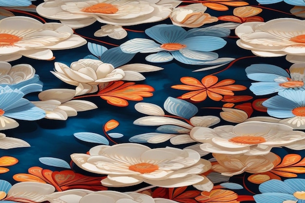 Naadloos patroon met tropische oranje bloemen op blauwe achtergrond Ditsy decoratief bloemenontwerp en