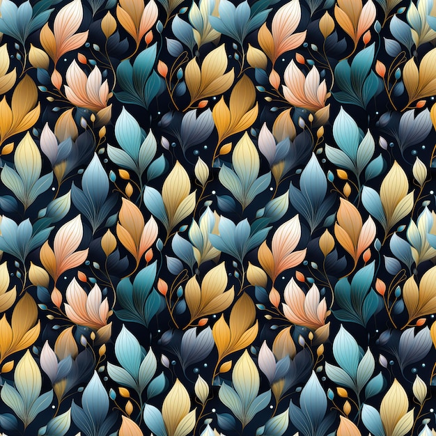 naadloos patroon met veelkleurige bladeren en takken van planten op een donkere achtergrond Herhalend ornament voor de decoratie van stoffen en textiel