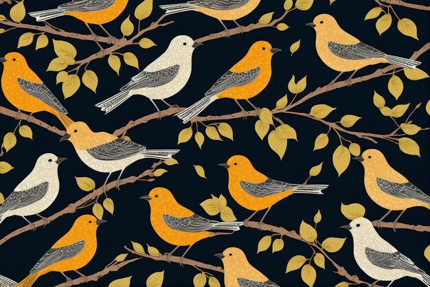 Naadloos patroon met vogels op boomtakken herhalend stofpatroon