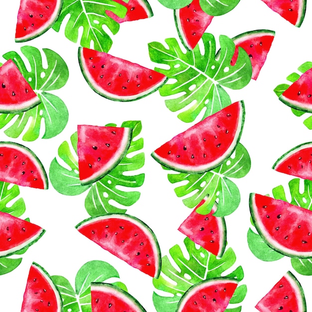 Naadloos patroon met watermeloen en tropische bladeren op witte achtergrond